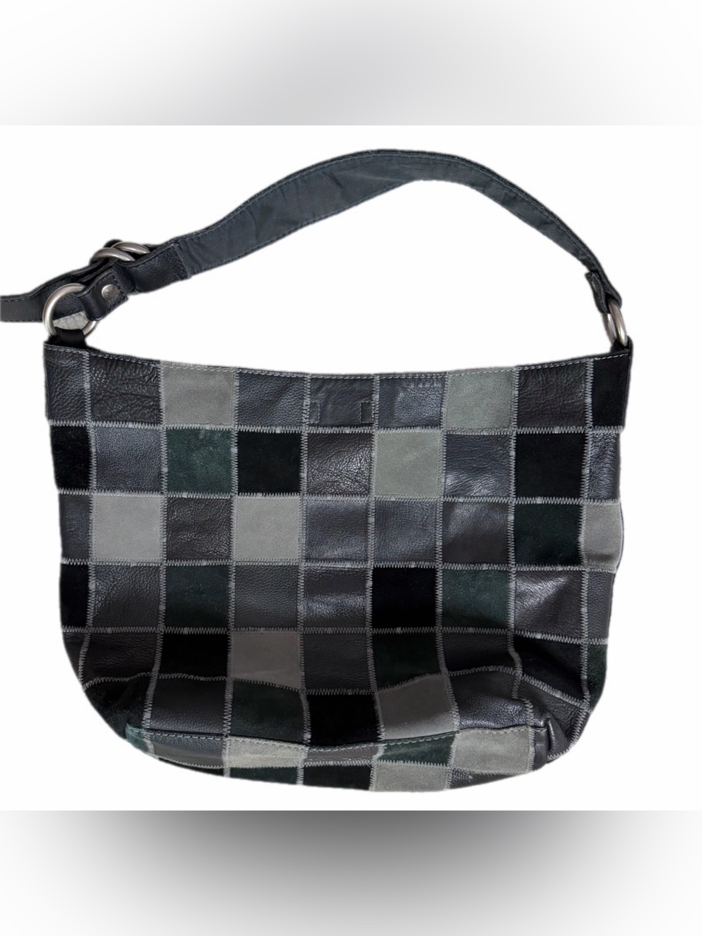 Lucky Brand Black Gray Patchwork Leather Suede Hobo Shoulder Bag Boho Y2K - Picture 11 of 13